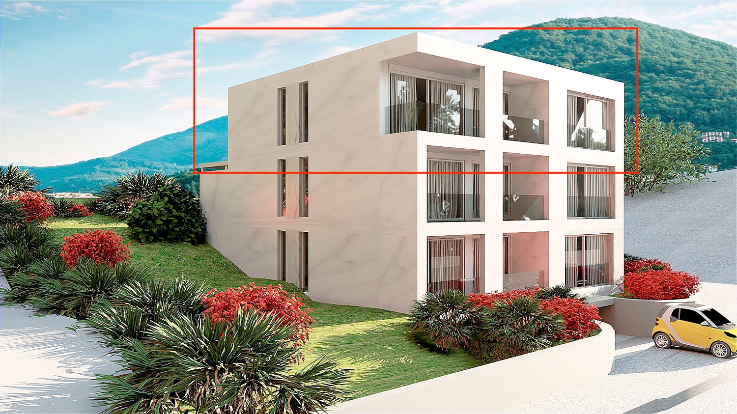 Modern multistory apartment building, white exterior, multiple balconies, car park area