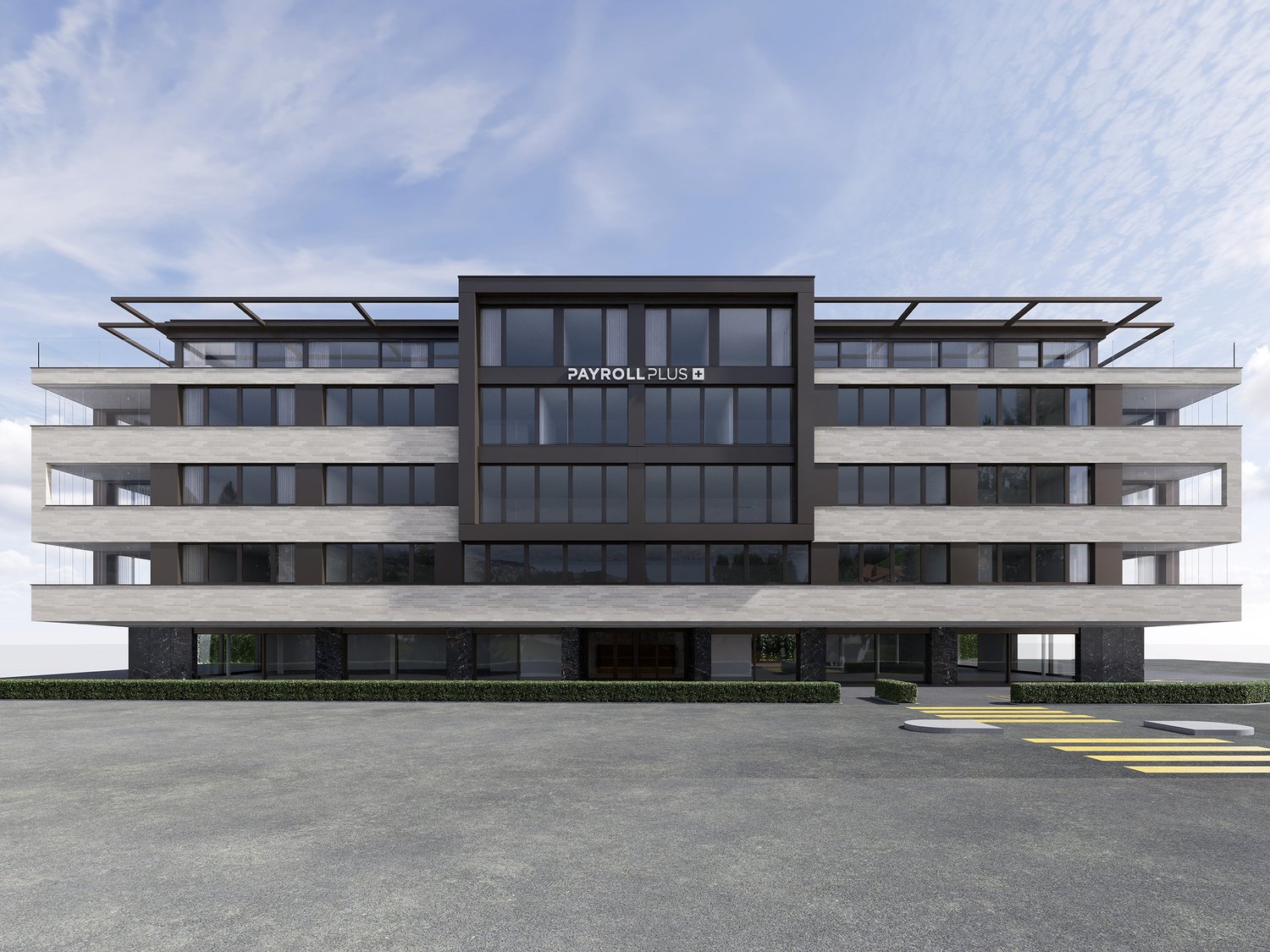 modern office building, glass facade, multiple floors, large windows, parking area