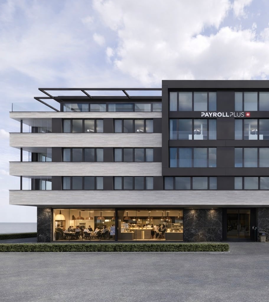 Modern office building with glass facade, multiple floors, entrance with glass doors, interior with people sitting at tables, large windows, and lamps