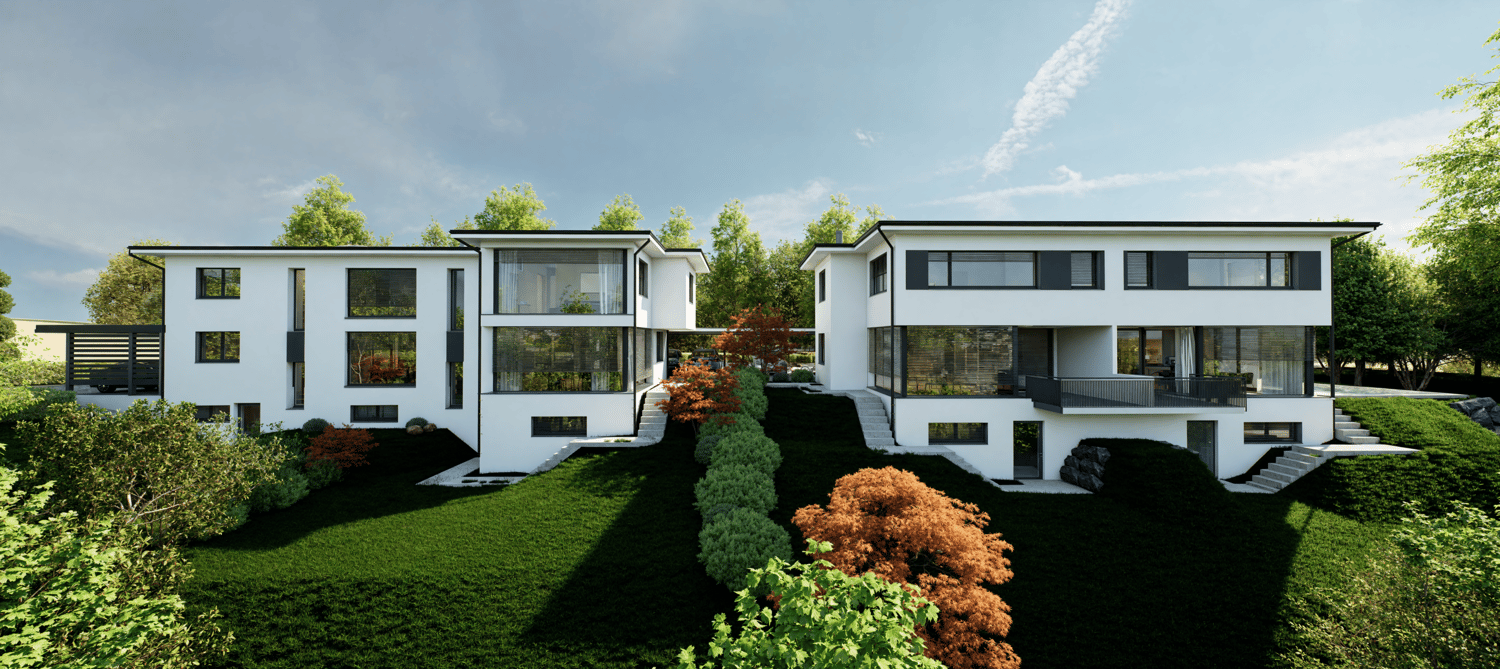 Two story modern house, white walls, glass windows, balcony, garden