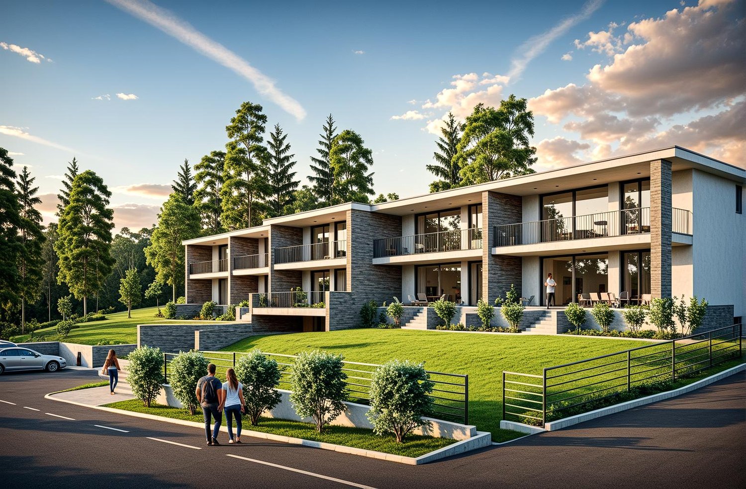 Modern apartment building with large windows, balconies, and landscaped surroundings
