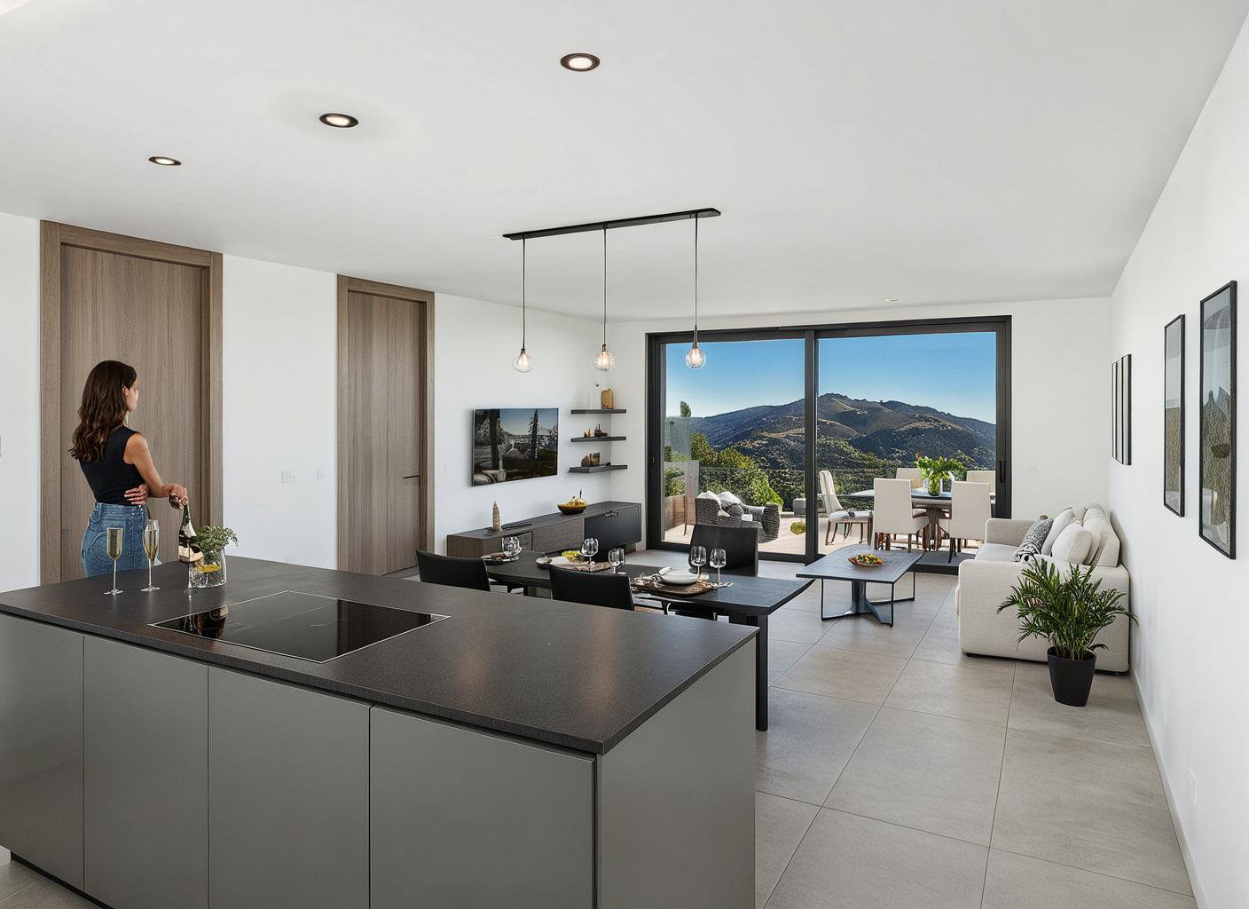 modern kitchen, dining area, large sliding doors, glass wall, balcony, living room with couch, dining table, potted plant, modern art pieces