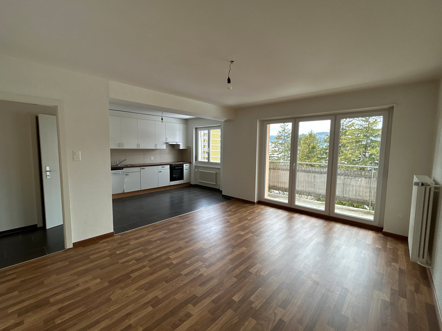 empty room, wooden floor, white walls, kitchen with appliances, sliding glass doors to balcony, radiator