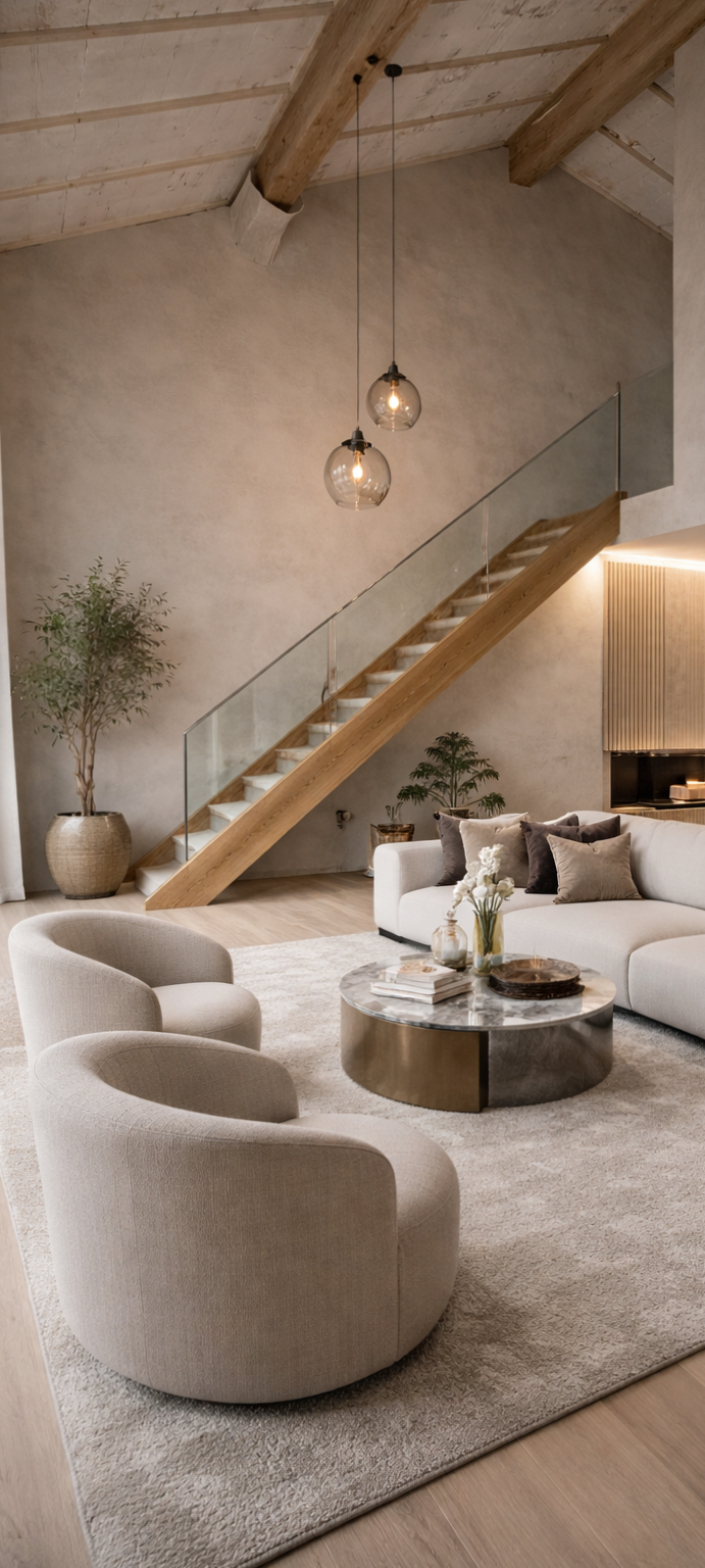 large lounge sofa, modern rug, circular coffee table, wood stairs, two pendant lights