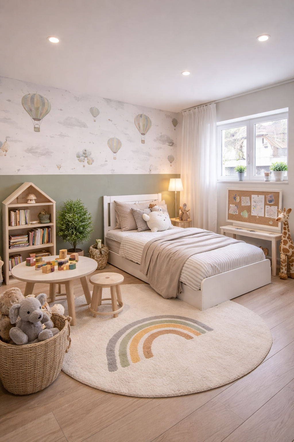 A child's bedroom with a bed, a desk, a stool, a basket of toys, a round rug, a bookshelf, a potted plant, a lamp, and a bulletin board.