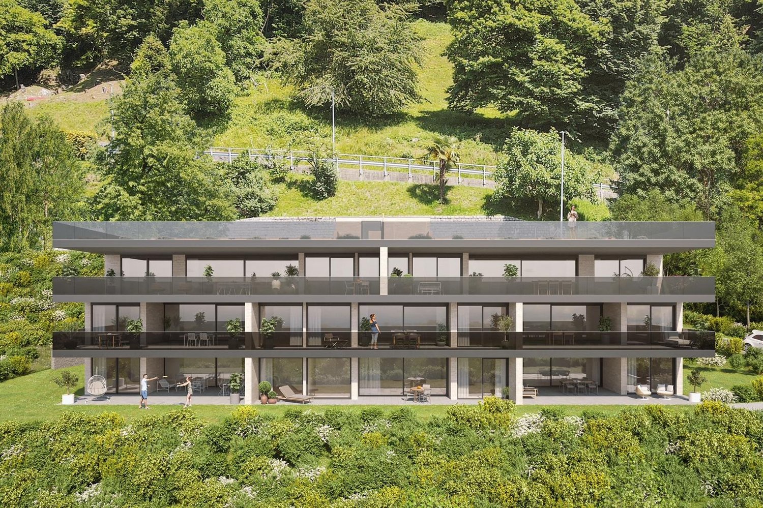 3-story house, glass facade, multiple terraces, surrounded by greenery, panoramic view