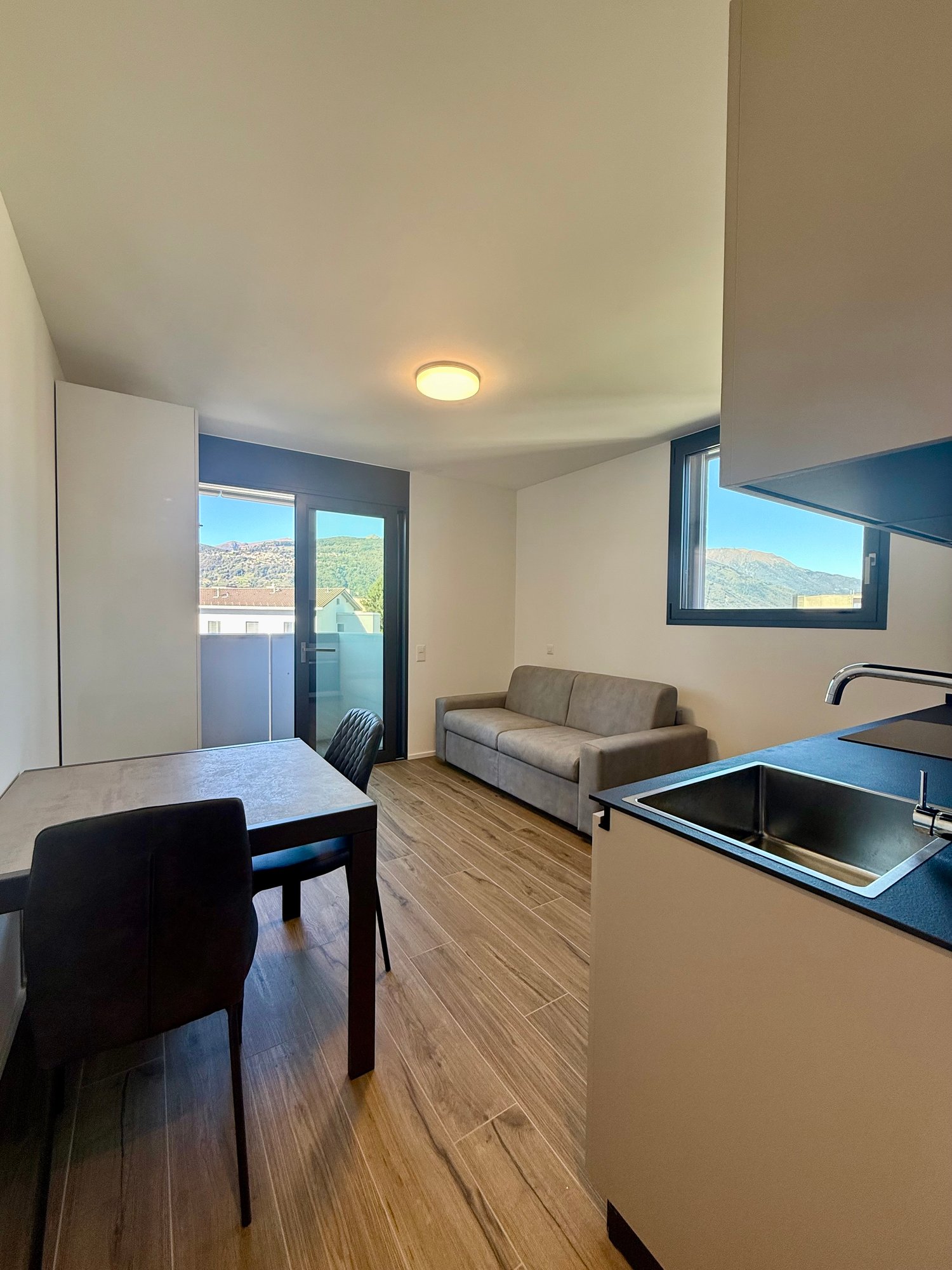 open layout, wooden floor, dining table, 2 chairs, couch, sliding door to balcony, modern kitchen, sink, faucet, kitchen island