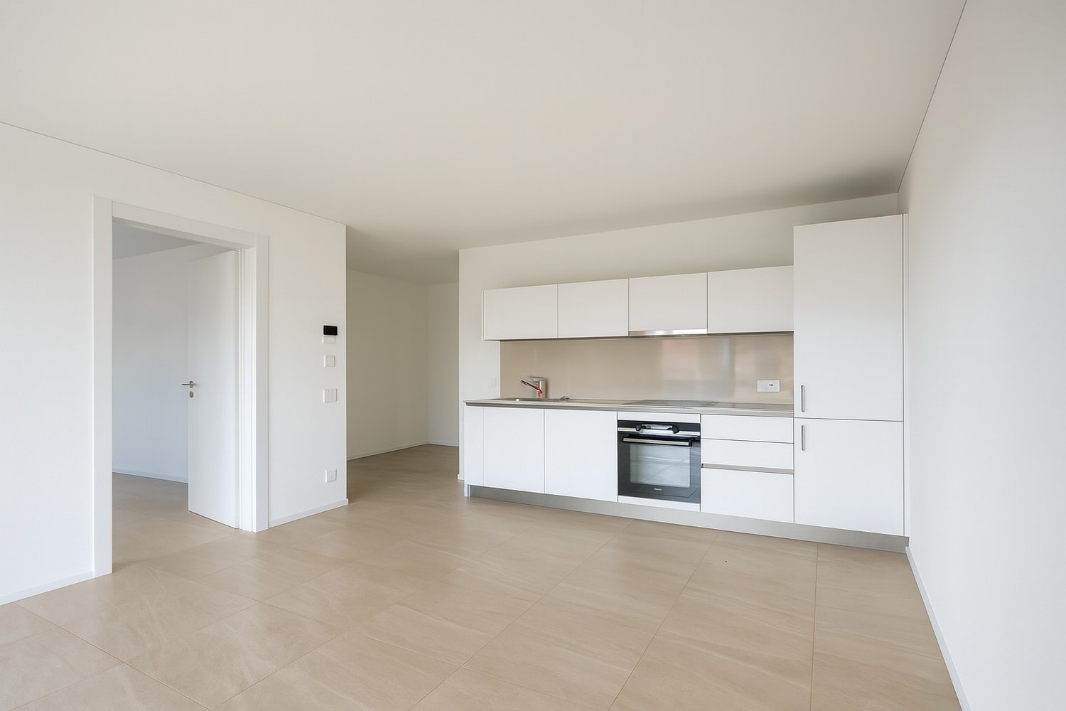 minimalistic design, white tiles, modern kitchen with built-in appliances