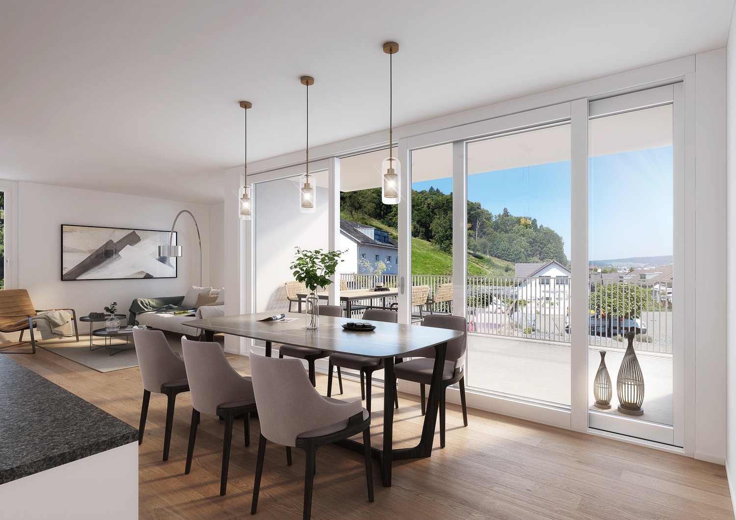 large dining table, chairs, modern lamps, glass balcony doors, view of mountains