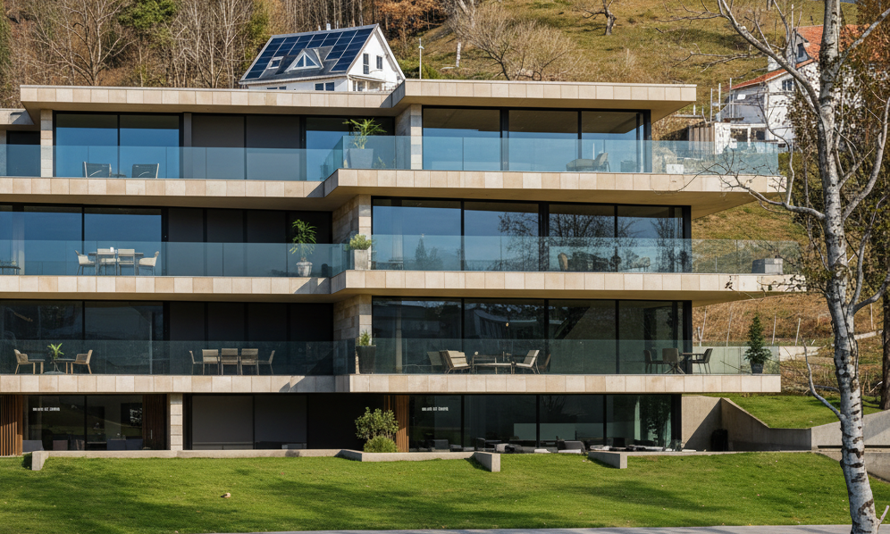 Modern multi-story building, large glass windows, solar panels, balconies with outdoor seating, landscaped garden, greenery, hilly backdrop