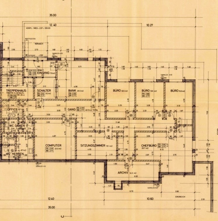 Various rooms including a meeting room, office, storage, kitchen, computer room, seating area, dining room, archive, and bathrooms.