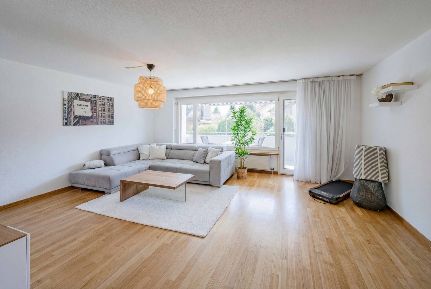 Living room with gray sofa, wooden coffee table, white rug, wooden floor, white walls, large window, potted plant, ceiling lamp, picture frame, and a treadmill.