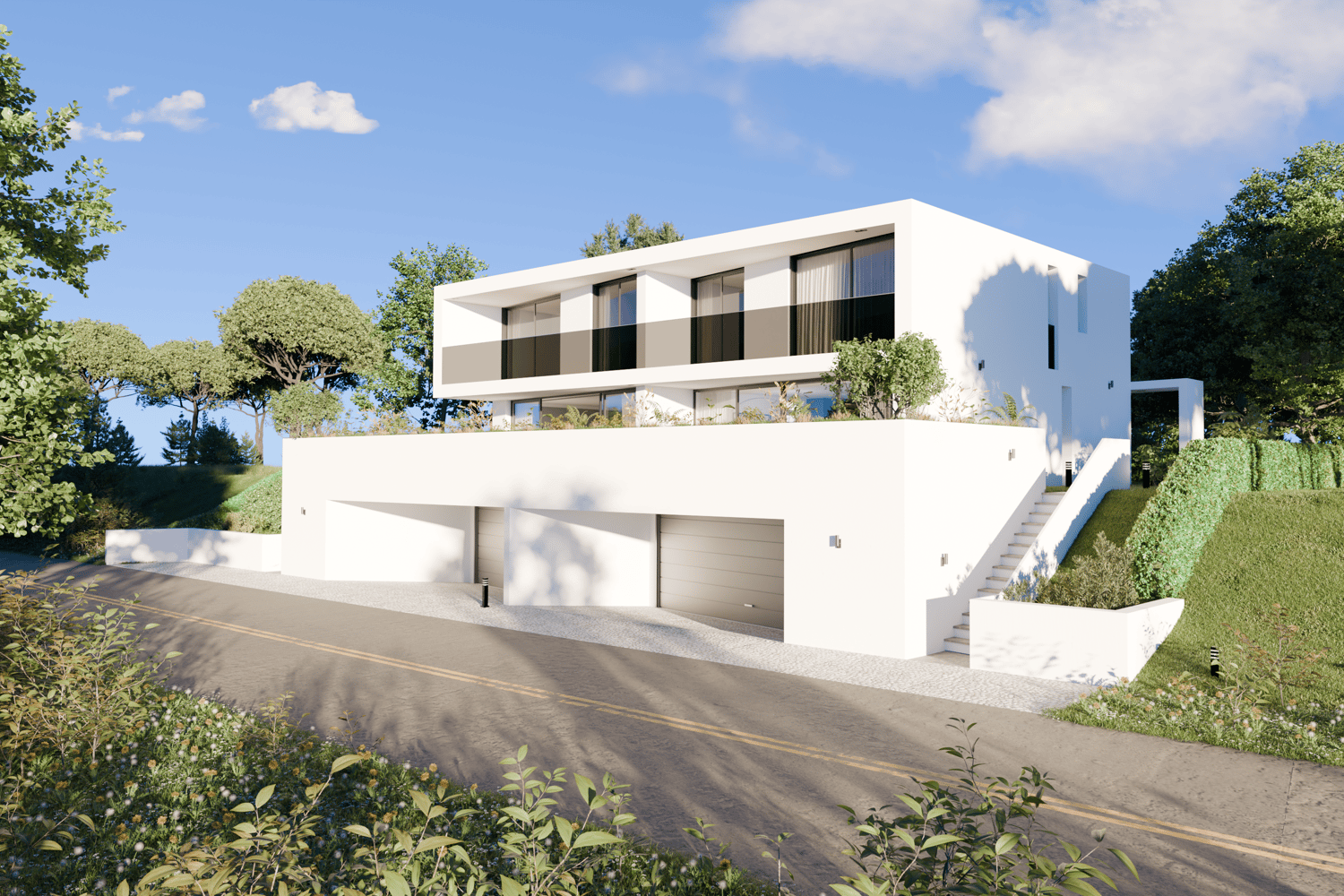 Modern 2-story house, white exterior, 2 garages, elevated ground floor, large windows, surrounded by greenery