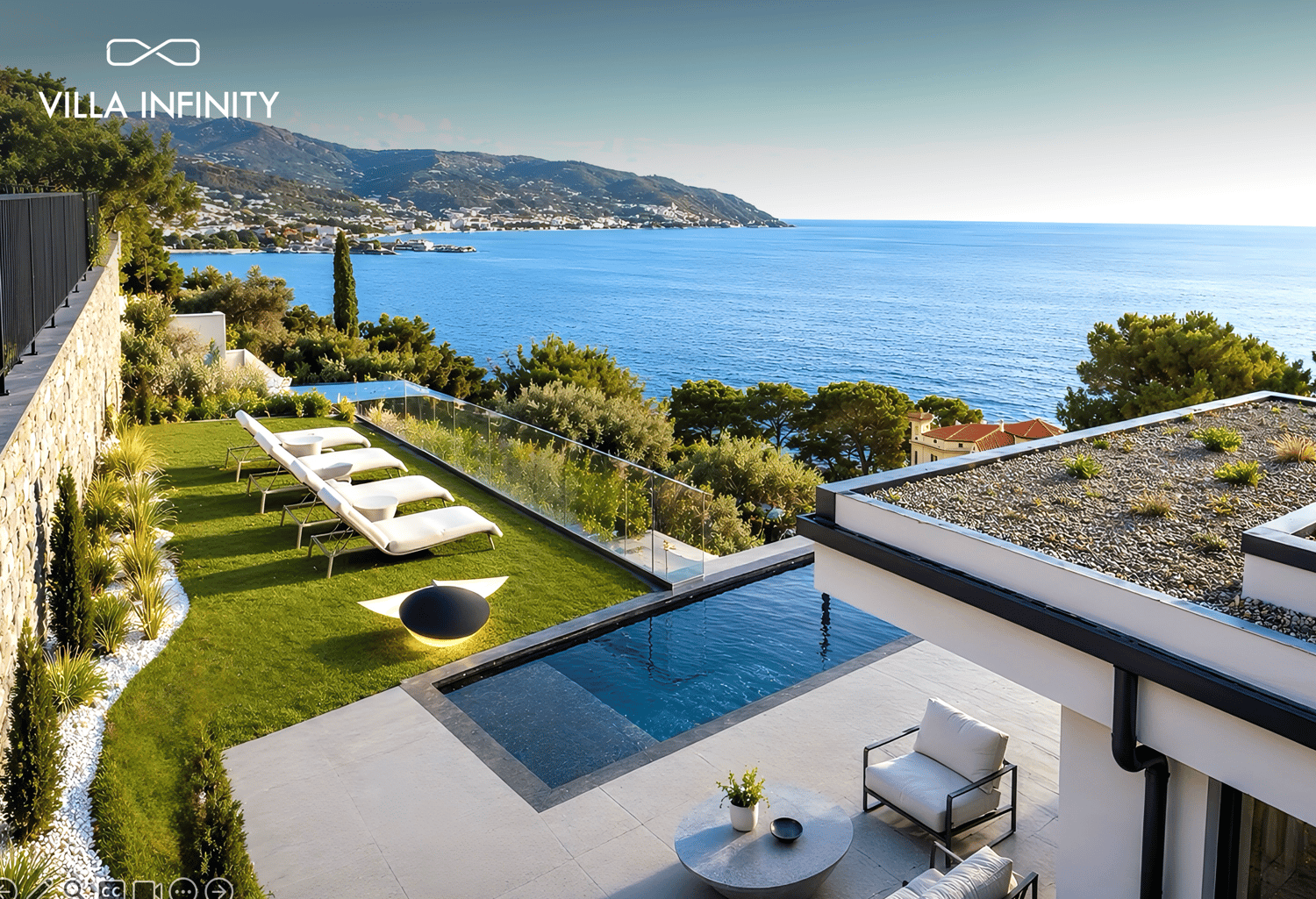 Modern villa with swimming pool, sea view, outdoor lounge area, green lawn, white lounge chairs, black railings, white walls, green plants, round table, potted plant, black lamp