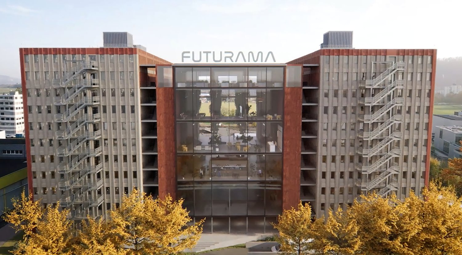 Futurama Building, large building, modern architecture, red bricks, glass windows, glass walls, emergency staircases, yellow leaves, green trees, open ground