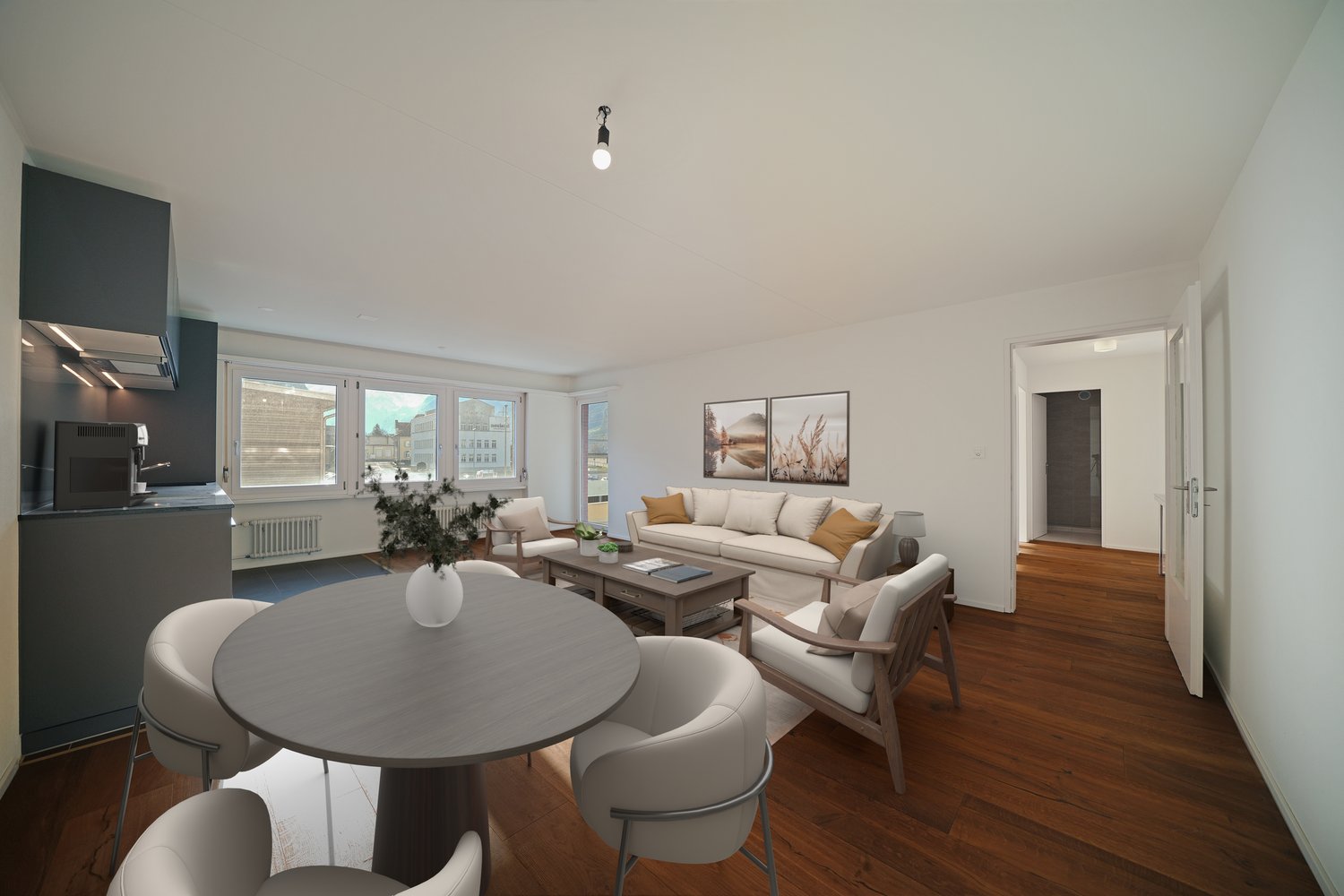 modern furniture, white walls, wooden floor, table with flower vase, sofa, windows, kitchen