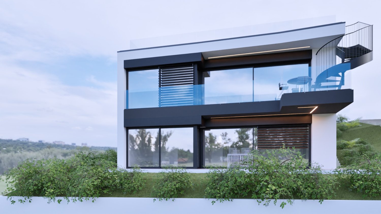 Contemporary 2-story house, glass walls, balcony, raised ground floor, spiral staircase, panoramic view