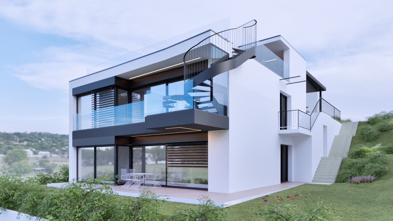 Contemporary style, white exterior, glass windows, spiral staircase, raised ground floor, large balcony