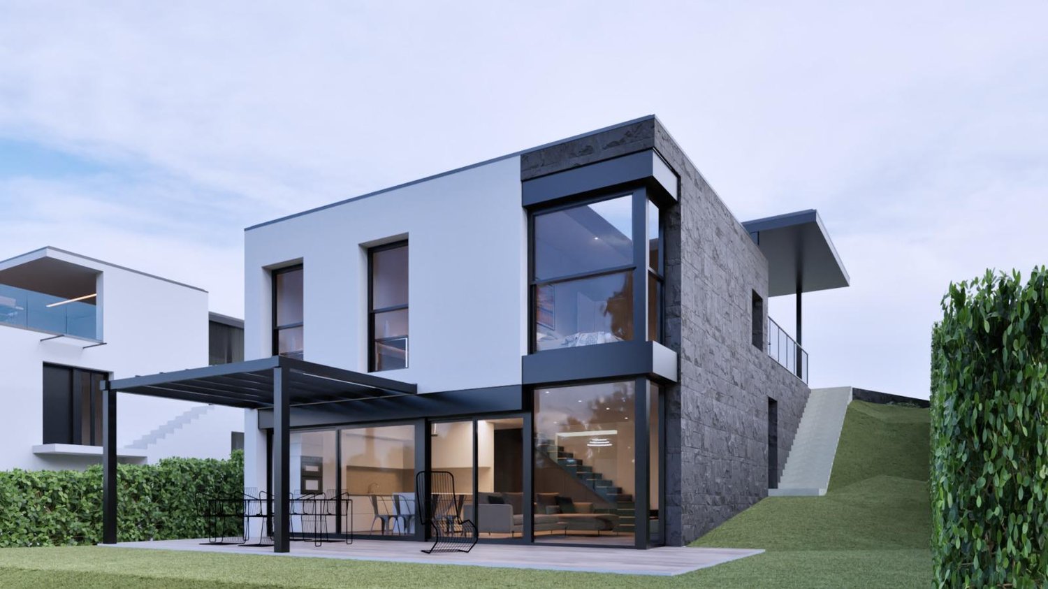 Modern design house, two floors, large windows, terrace with pergola, black metal chairs, green hedge