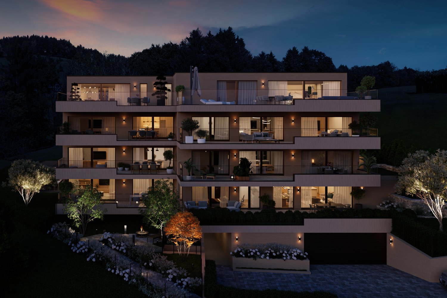 3 story house, balconies, gardens, terrace, garage, fire pit, trees, mountains