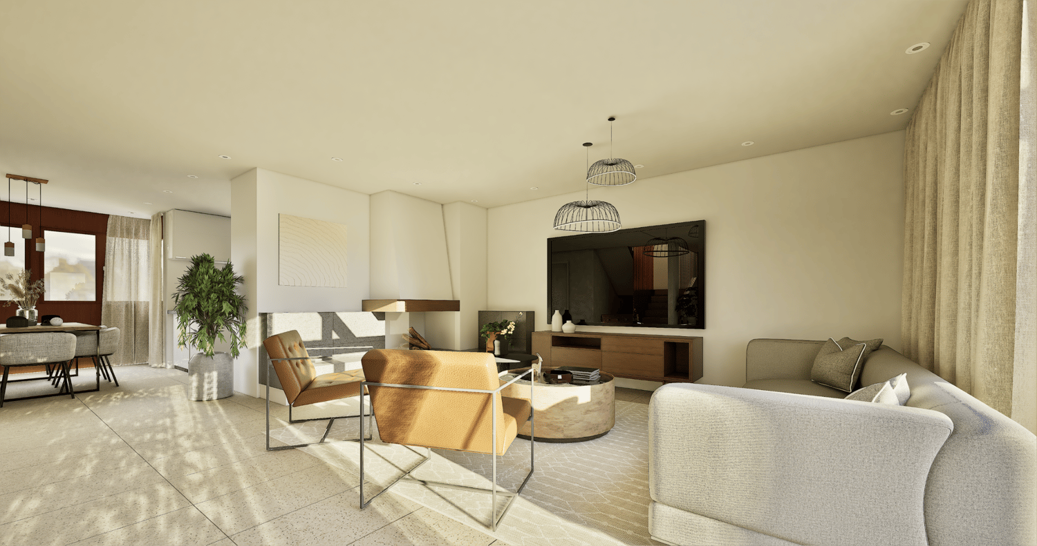 fireplace, tv, couch, 2 chairs, table, plant, pendant lights