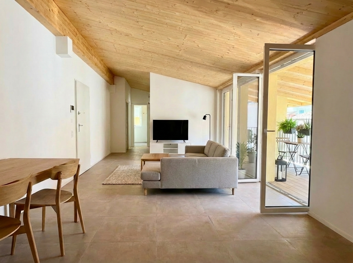 modern living room with wooden table, gray sofa, flatscreen TV, beige rug, wooden ceiling