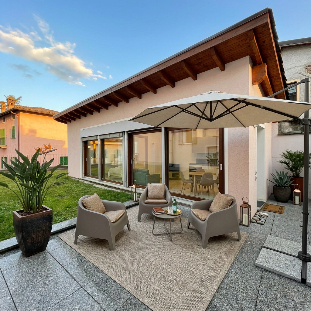 Outdoor seating area with 4 chairs, table, umbrella, rug, plants, and lanterns