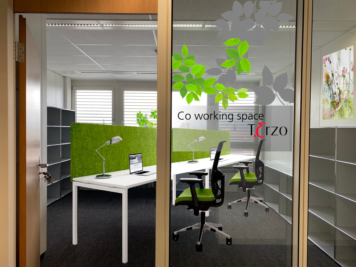 The image shows a modern co-working space with a desk, chair, and laptop setup. The space has large windows, a green accent wall with plants, and a sign that says 'Co working space Terzo'. The space appears to have a parking area visible through the windo