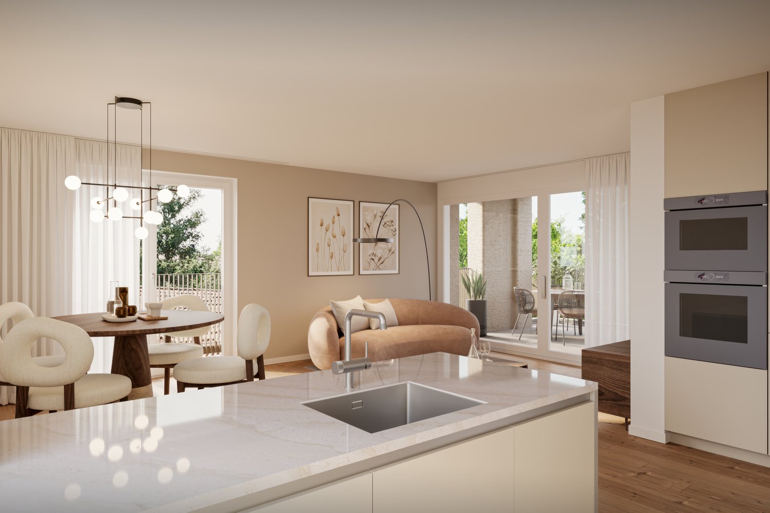 large window, sliding door, open balcony, white marble countertop, modern kitchen, dining table, modern lamps