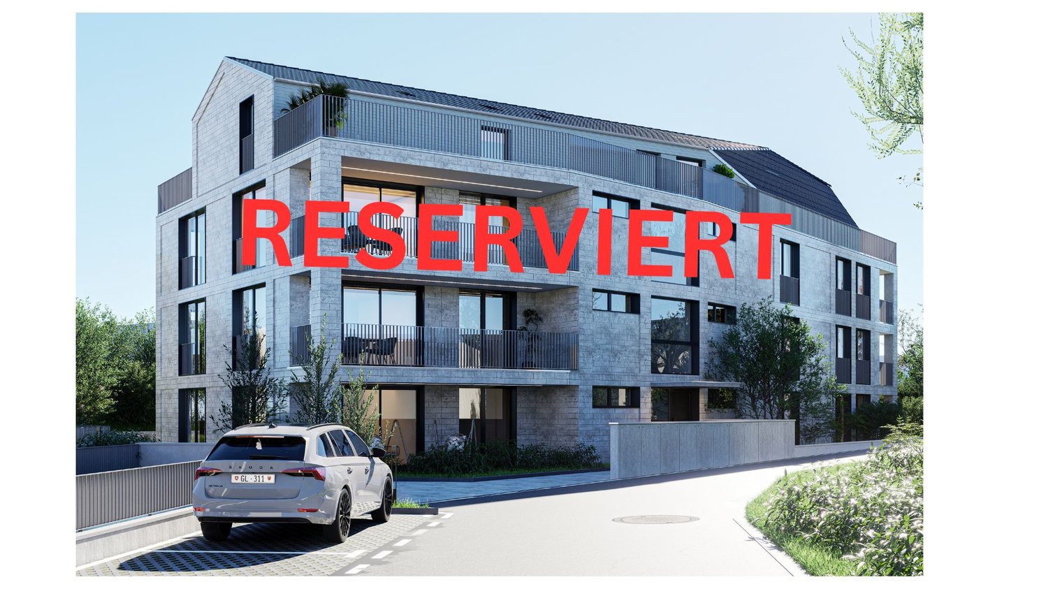 3 story house, brick, glass windows, balconies, parking place