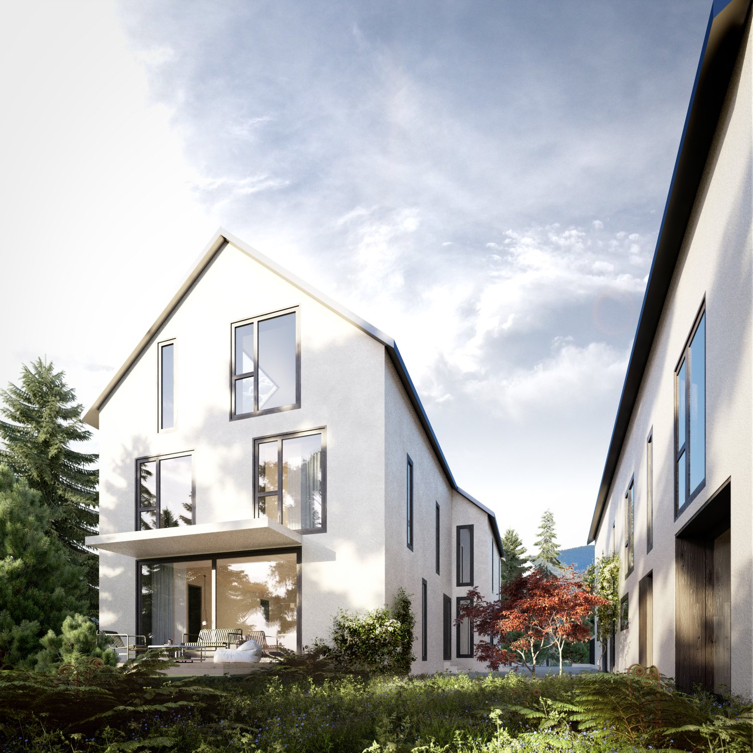 Modern 2 story house, white exterior, multiple windows, terrace, garden, surrounding trees