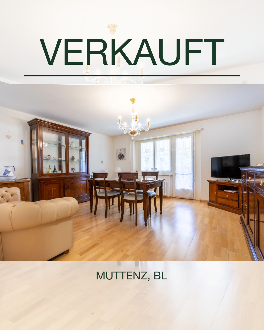 dining table, chandelier, sofa, glass cabinet, TV, wooden floors, glass door, window