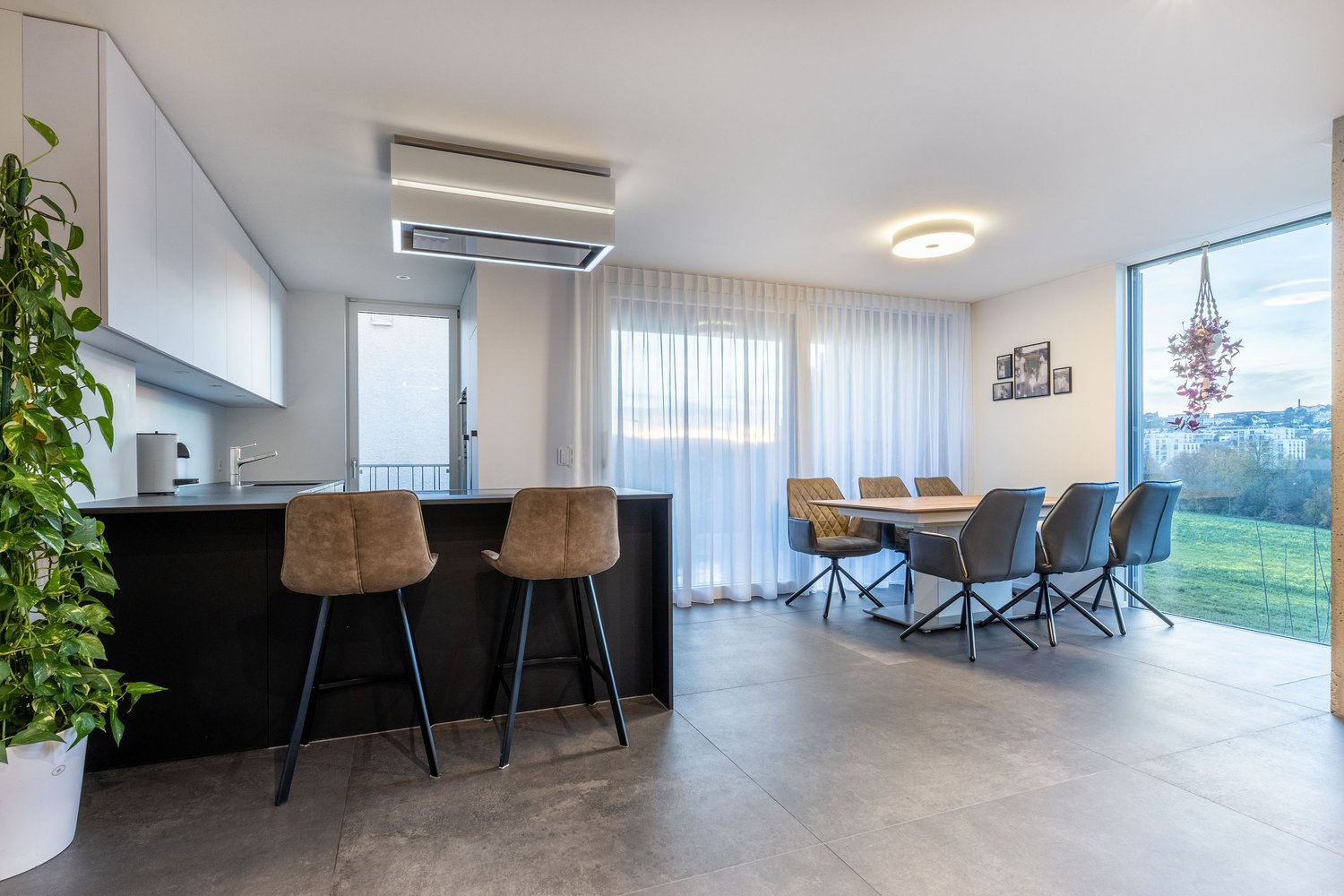 Countertop, bar stools, round table with chairs, large glass doors, green plant