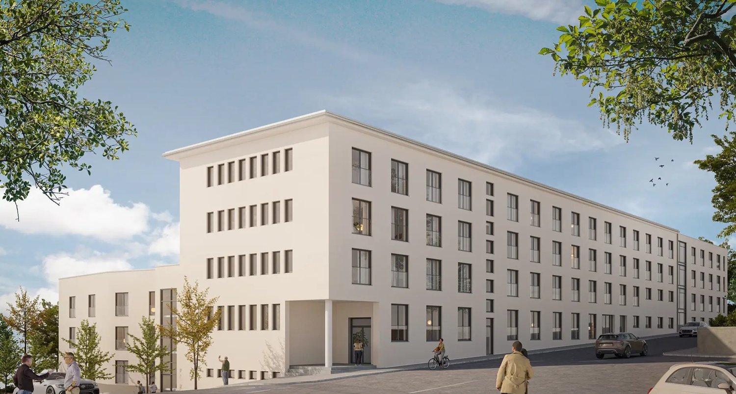 Modern white building, multiple windows, entrance, people walking, cars parked