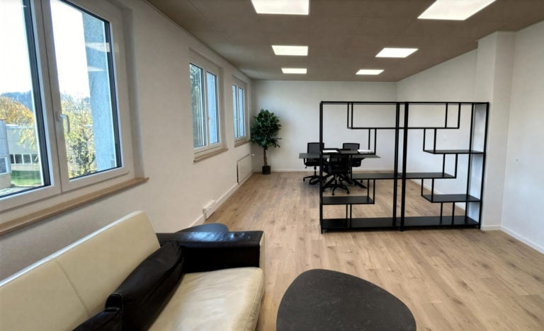 Empty office with wooden floor, white walls, large windows, a couch, a desk, and a potted plant.