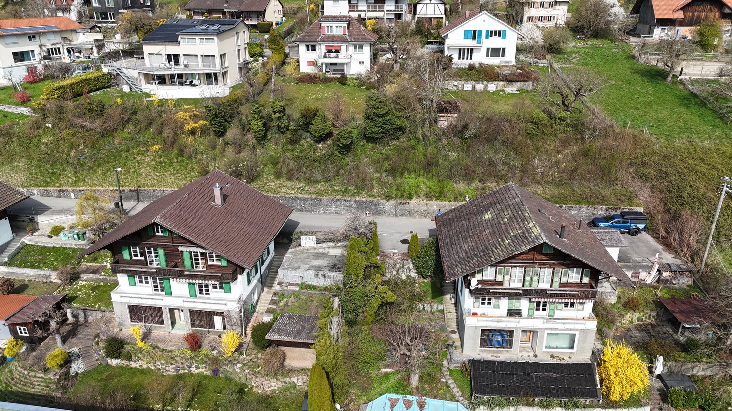 Swiss-style houses, brown roofs, green shutters, surrounded by greenery, driveways, solar panels on some roofs