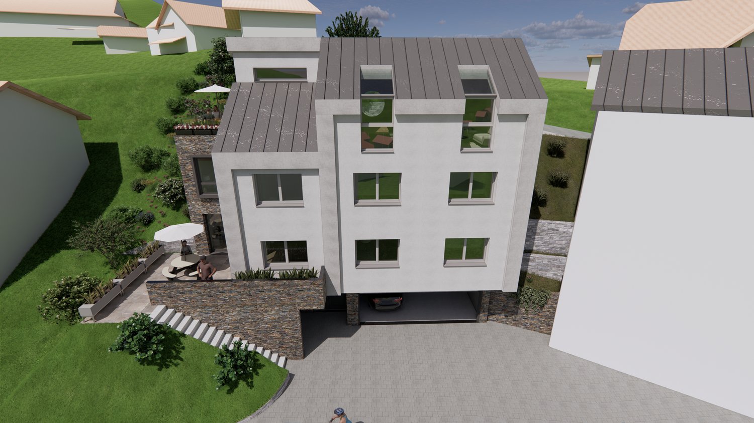 White modern house, two storeys, garage, patio, green lawn, steps