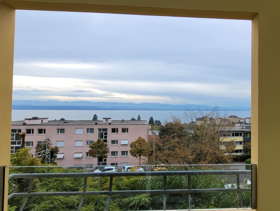 View from a balcony with a railing showing a cityscape with a lake in the background, surrounded by trees and buildings, with cars parked in front.