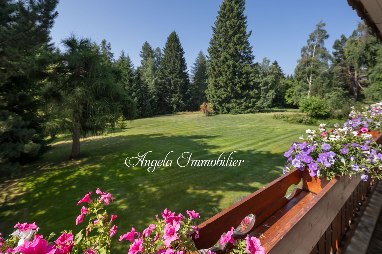 The image shows a scenic outdoor view from a balcony or terrace. The foreground features a wooden railing with colorful pink and purple flowers. Beyond the railing is a large, well-maintained lawn surrounded by tall pine trees. The sky is clear and blue,