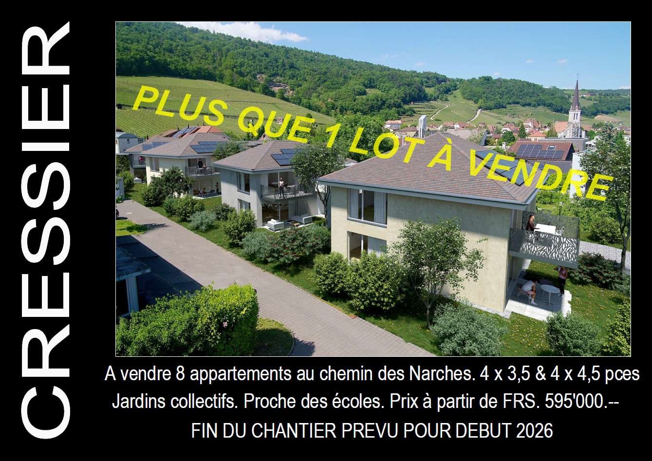 New residential development, multiple houses with balconies and solar panels, green surroundings, private driveways, communal gardens