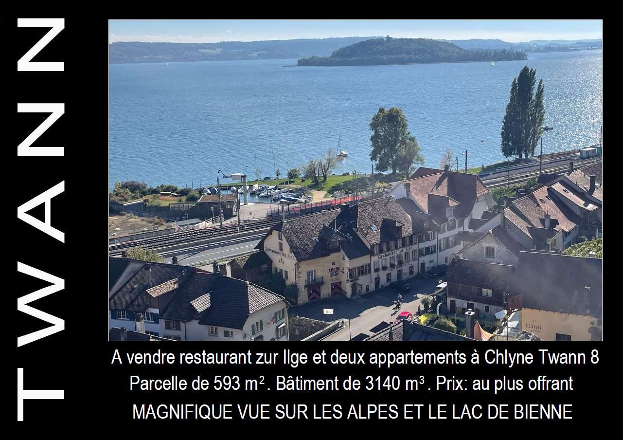 restaurant and two apartments, land 593m², building 3140m², overlooking the Alps and Lac de Bienne