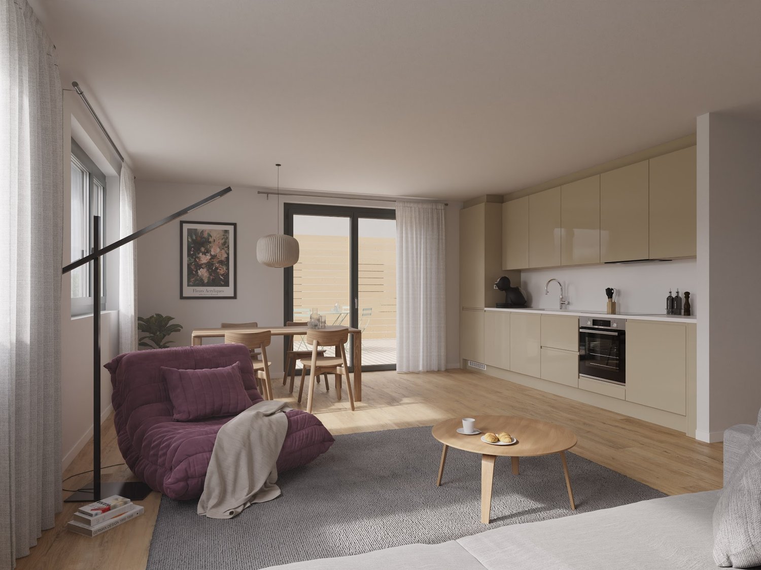 Open-concept living room and kitchen, hardwood flooring, large windows, purple sofa, wooden dining table and chairs, kitchen with white cabinets and appliances, balcony access