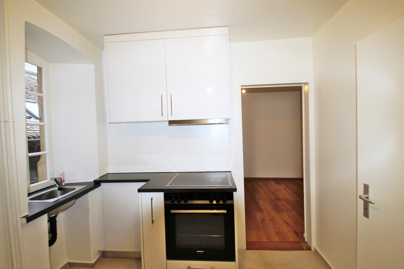 modern kitchen, white cabinets, black countertops, stainless steel appliances, sink, dishwasher, oven