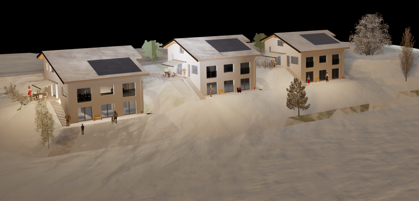 three houses, solar panels on roofs, snow on ground, multiple people, bicycles, benches