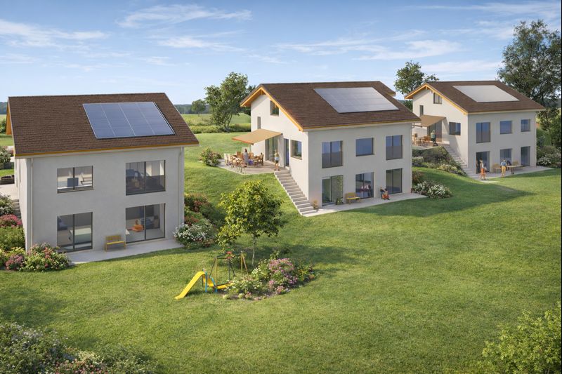 Two houses in a community, solar panels on the roof, terrace, ground floor, garden, swing, slide