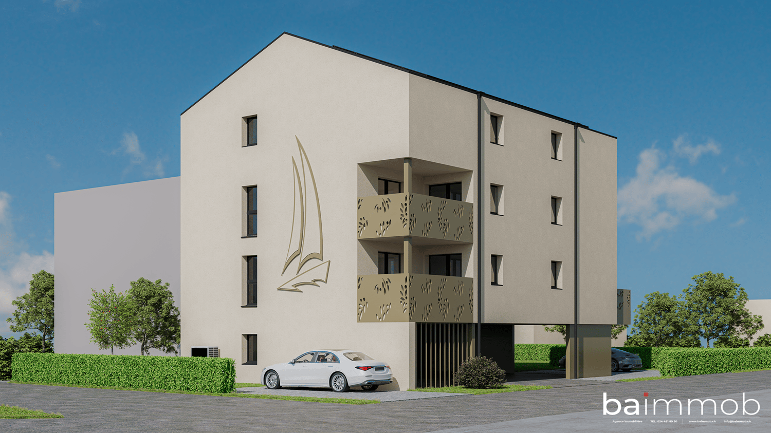 4-story apartment building with modern, minimalist design. Beige exterior with black accents and decorative perforated panels on the balconies. Ground floor has parking spaces in front of the building.
