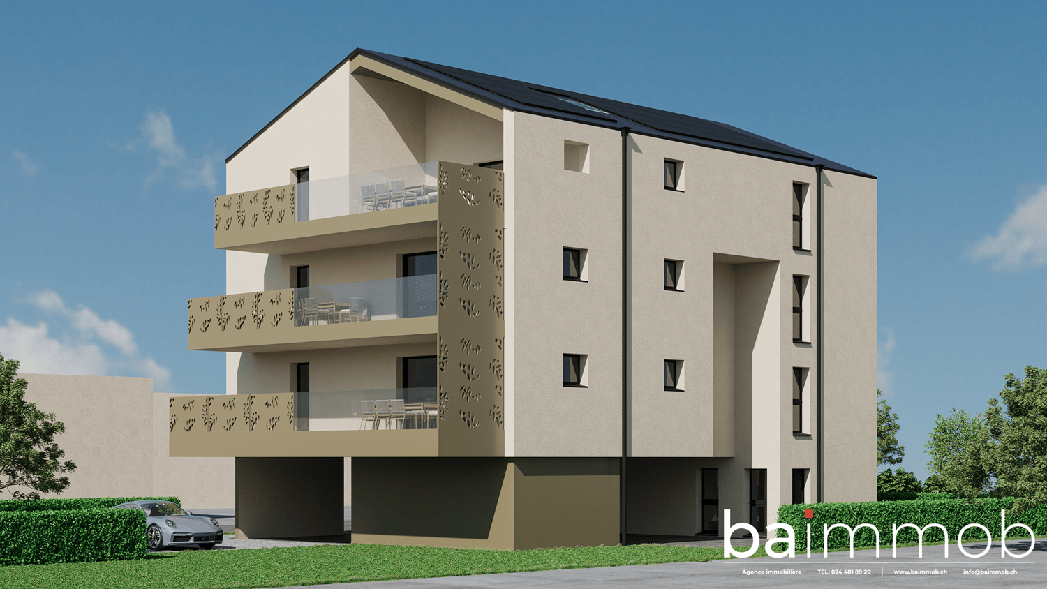 3-story apartment building with beige exterior, balconies, and parking spaces on the ground level