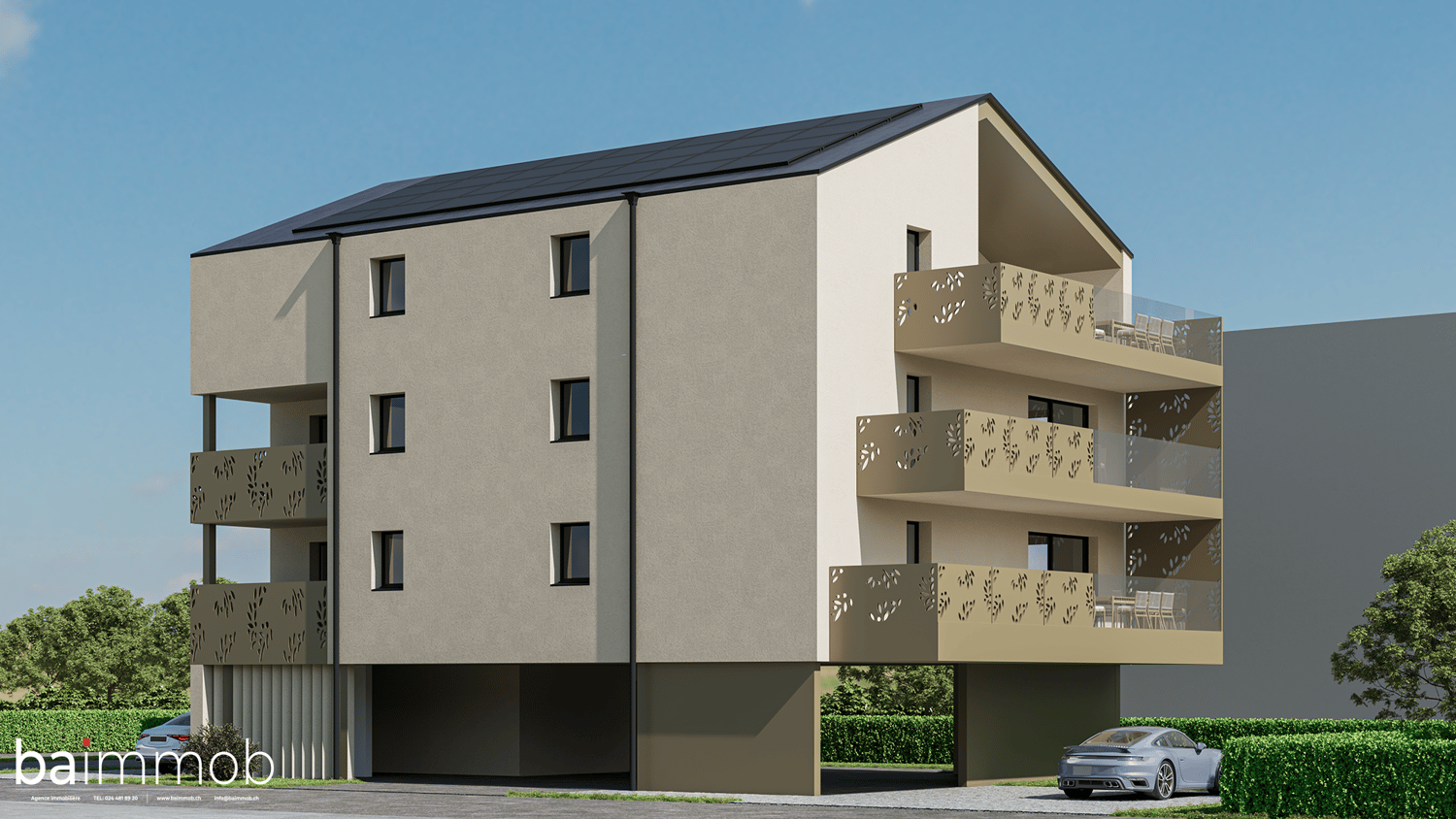 3-story apartment building with a modern, minimalist design. The building has a gray exterior with decorative perforated panels on the balconies. There are multiple balconies on each floor and a parking space visible in front of the building.