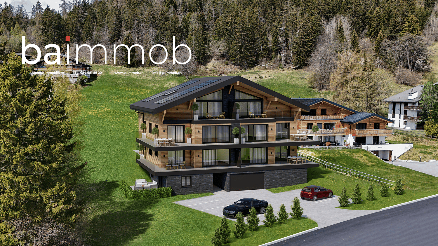 modern chalet style house with balconies and terrace, garage, mountain view