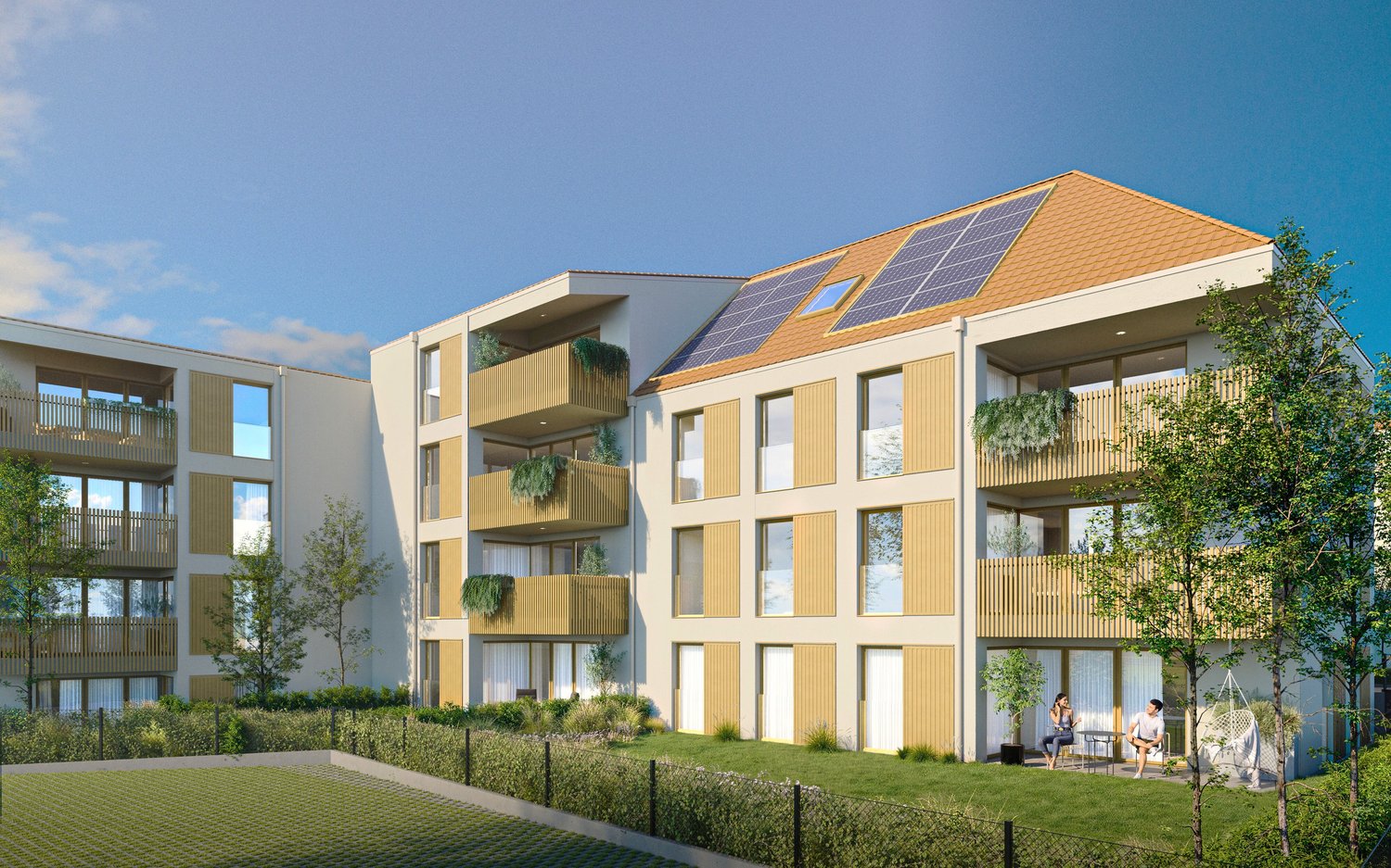 Multi-story apartment building with balconies, solar panels on the roof, and landscaped outdoor areas with trees and greenery.